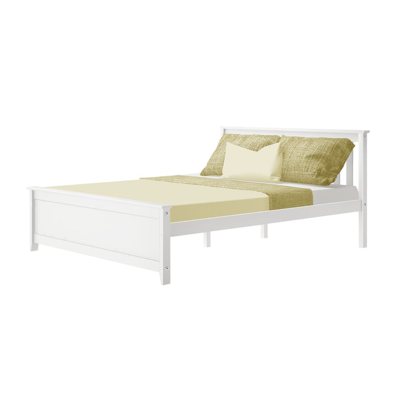 White wooden bed frame with beige bedding and pillows on a white background.