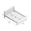 Isometric assembly diagram of a white wooden slatted platform bed frame with headboard and footboard, labeled dimensions 85½″ long × 64″ wide × 36½″ tall, ideal for bedroom furniture, mattress support, and DIY assembly instructions