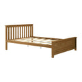 Oak-finish wooden platform bed frame with vertical slatted headboard, footboard, and exposed mattress support slats