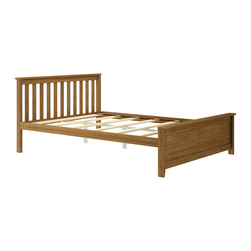 Oak-finish wooden platform bed frame with vertical slatted headboard, footboard, and exposed mattress support slats