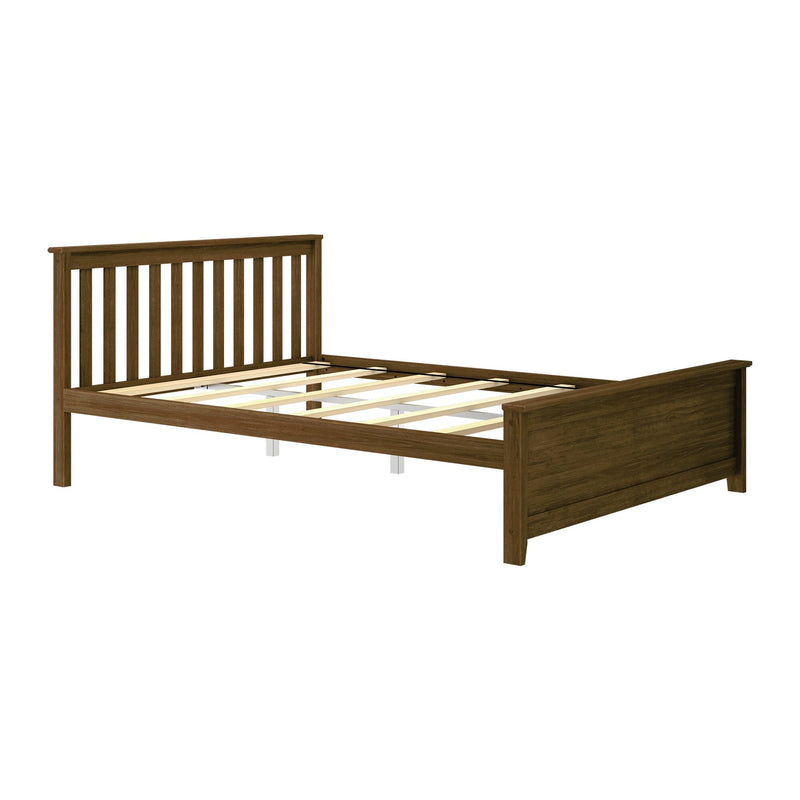 Dark walnut solid wood platform bed frame with vertical slatted headboard and wooden mattress support slats