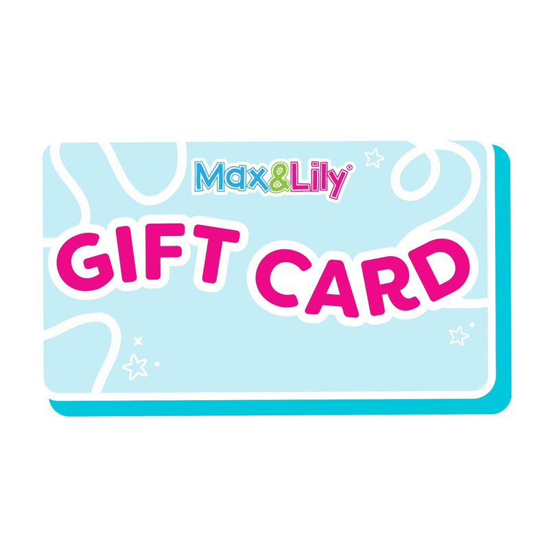 Max & Lily gift card - light blue card with bold pink GIFT CARD text, children's toy gift card for Max & Lily toys and accessories