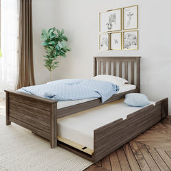 Gray wood twin bed with pull-out trundle and blue polka-dot bedding in bright kids' bedroom with plant and framed animal prints