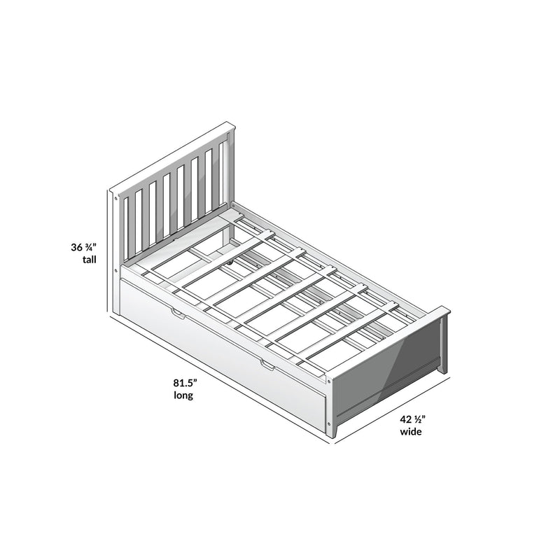 Illustration of a single bed frame with dimensions, measuring 36.75 inches tall, 81.5 inches long, and 42.5 inches wide.
