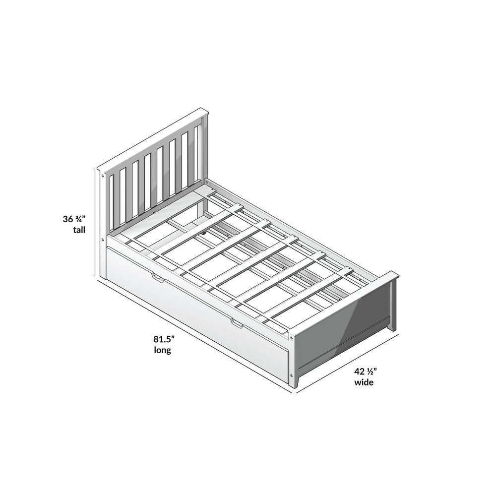 Twin bed frame dimensions diagram showing height, length, and width measurements.