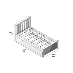 Twin bed frame dimensions diagram showing height, length, and width measurements.