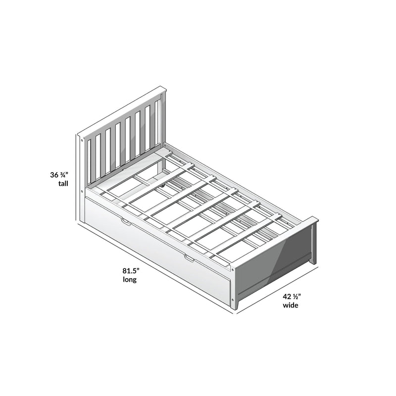 Twin bed frame dimensions diagram showing height, length, and width measurements.