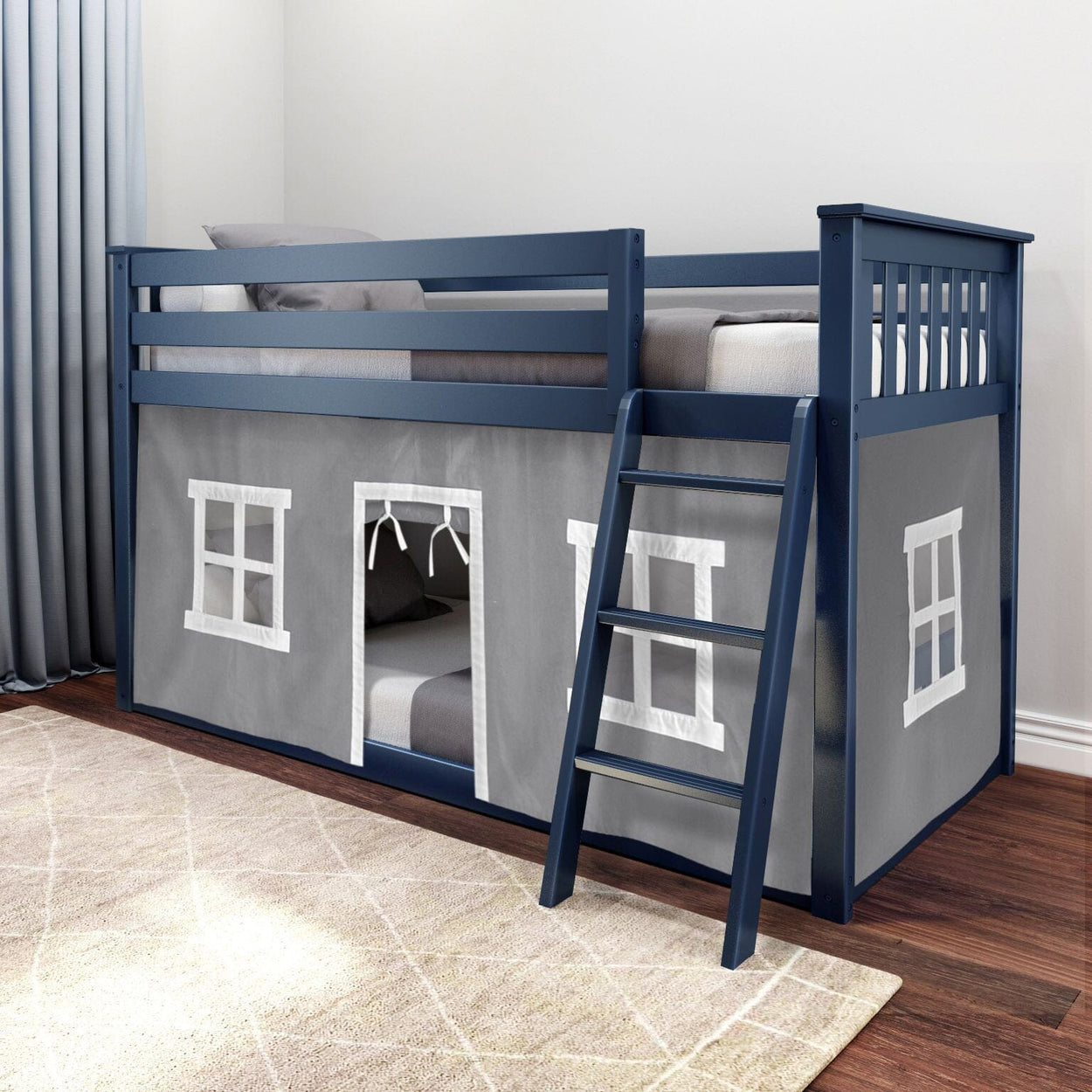 Bunk Beds Max & Lily Twin-Size Low Bunk Bed + Curtain Blue Grey 