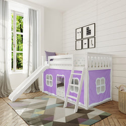 Bunk Beds Max & Lily Twin-Size Low Bunk with Slide + Curtain White Purple 