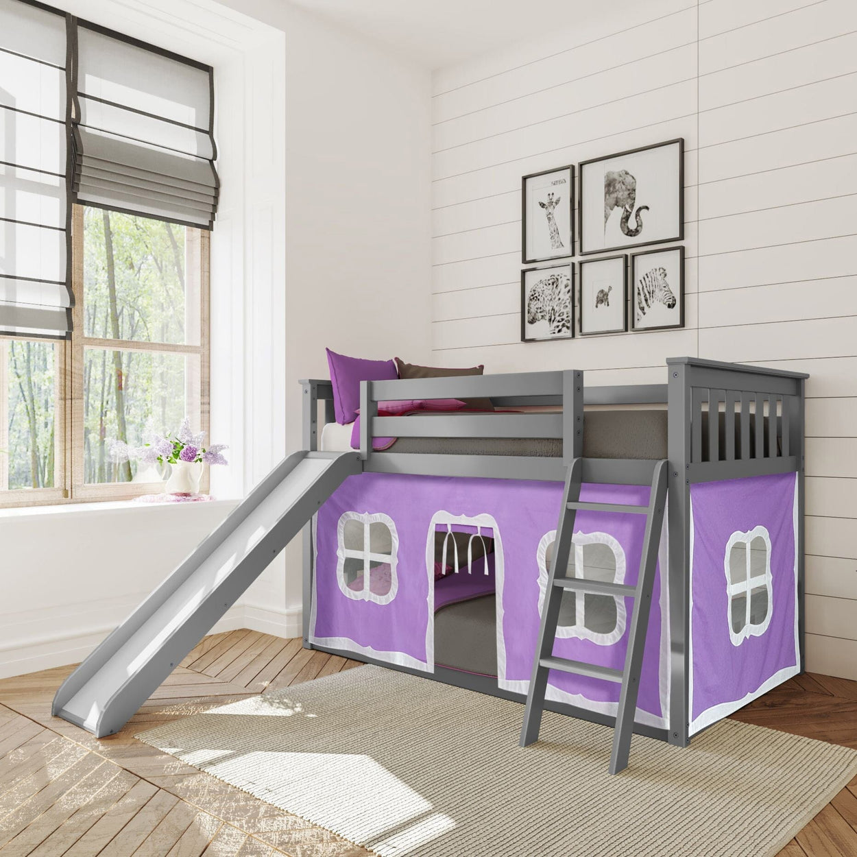 Bunk Beds Max & Lily Twin-Size Low Bunk with Slide + Curtain Grey Purple 