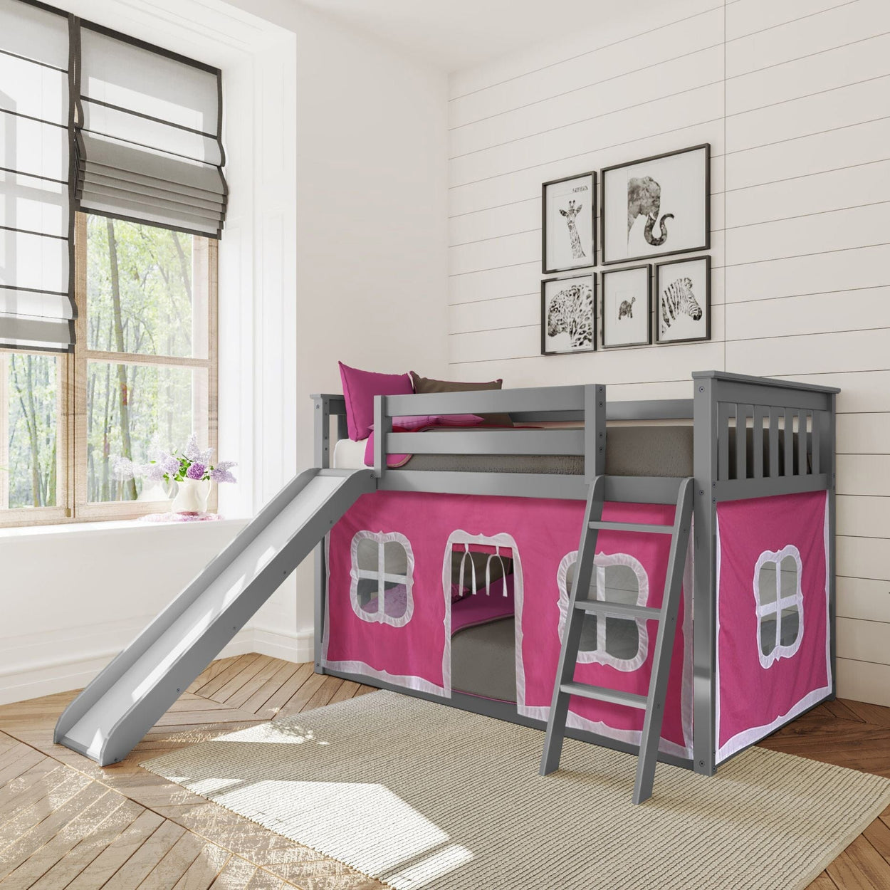 Bunk Beds Max & Lily Twin-Size Low Bunk with Slide + Curtain Grey Pink 