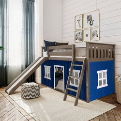 Bunk Beds Max & Lily Twin-Size Low Bunk with Slide + Curtain Clay Blue 