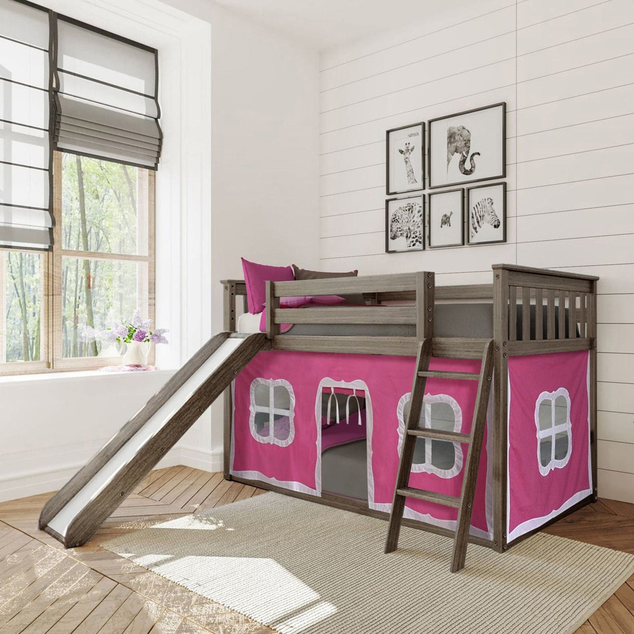Bunk Beds Max & Lily Twin-Size Low Bunk with Slide + Curtain Clay Pink 
