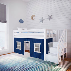 Loft Beds Max & Lily Twin-Size Low Loft with Stairs + Curtain White Blue 