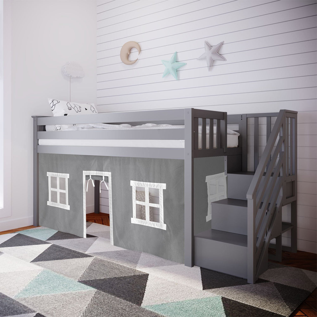 Loft Beds Max & Lily Twin-Size Low Loft with Stairs + Curtain Grey Grey 