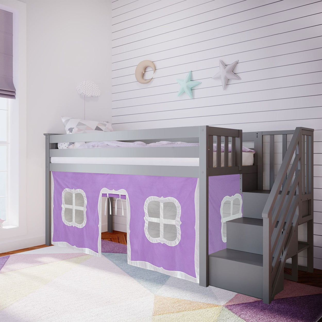 Loft Beds Max & Lily Twin-Size Low Loft with Stairs + Curtain Grey Purple 