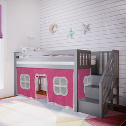 Loft Beds Max & Lily Twin-Size Low Loft with Stairs + Curtain Grey Pink 