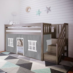 Loft Beds Max & Lily Twin-Size Low Loft with Stairs + Curtain Clay Grey 