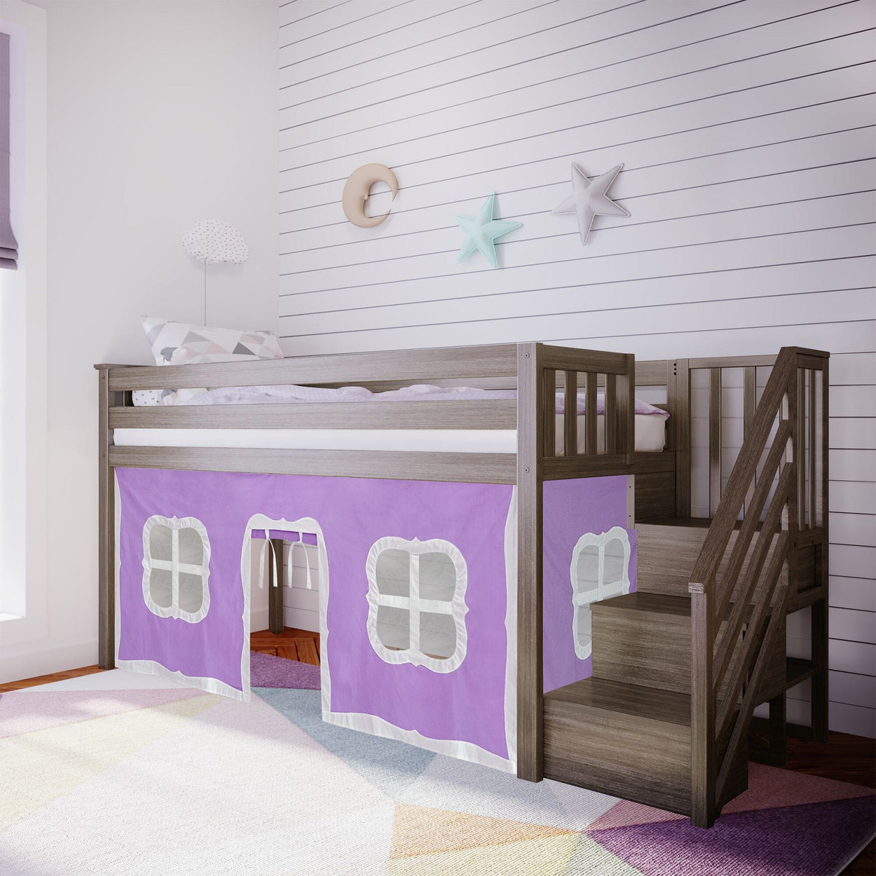 Loft Beds Max & Lily Twin-Size Low Loft with Stairs + Curtain Clay Purple 