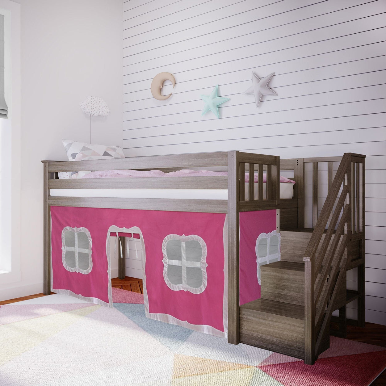 Loft Beds Max & Lily Twin-Size Low Loft with Stairs + Curtain Clay Pink 