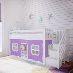 Bunk Beds Max & Lily Twin over Twin Low Bunk Bed with Staircase and Curtains White Purple 