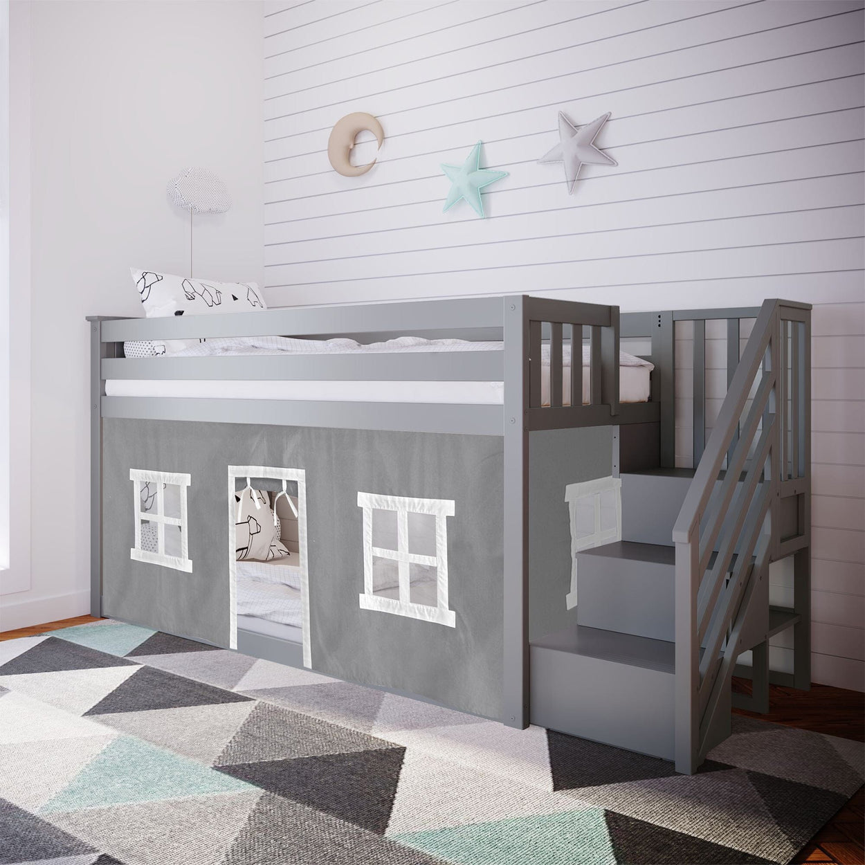 Bunk Beds Max & Lily Twin over Twin Low Bunk Bed with Staircase and Curtains Grey Grey 