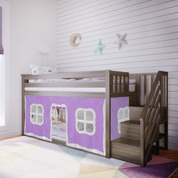 Bunk Beds Max & Lily Twin over Twin Low Bunk Bed with Staircase and Curtains Clay Purple 