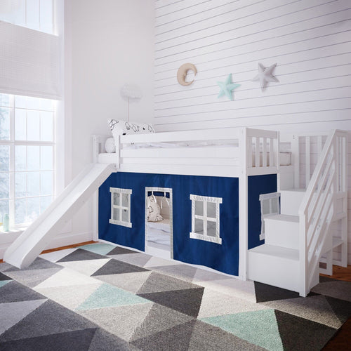 Bunk Beds Max & Lily Low Bunk with Stairs and Slide with Curtains White Blue 