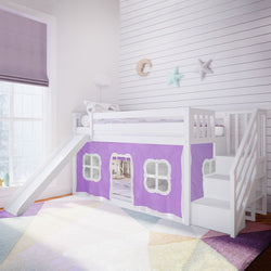Bunk Beds Max & Lily Low Bunk with Stairs and Slide with Curtains White Purple 