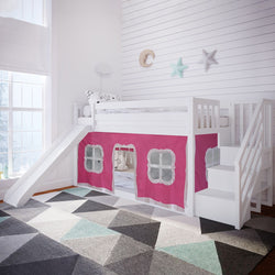 Bunk Beds Max & Lily Low Bunk with Stairs and Slide with Curtains White Pink 