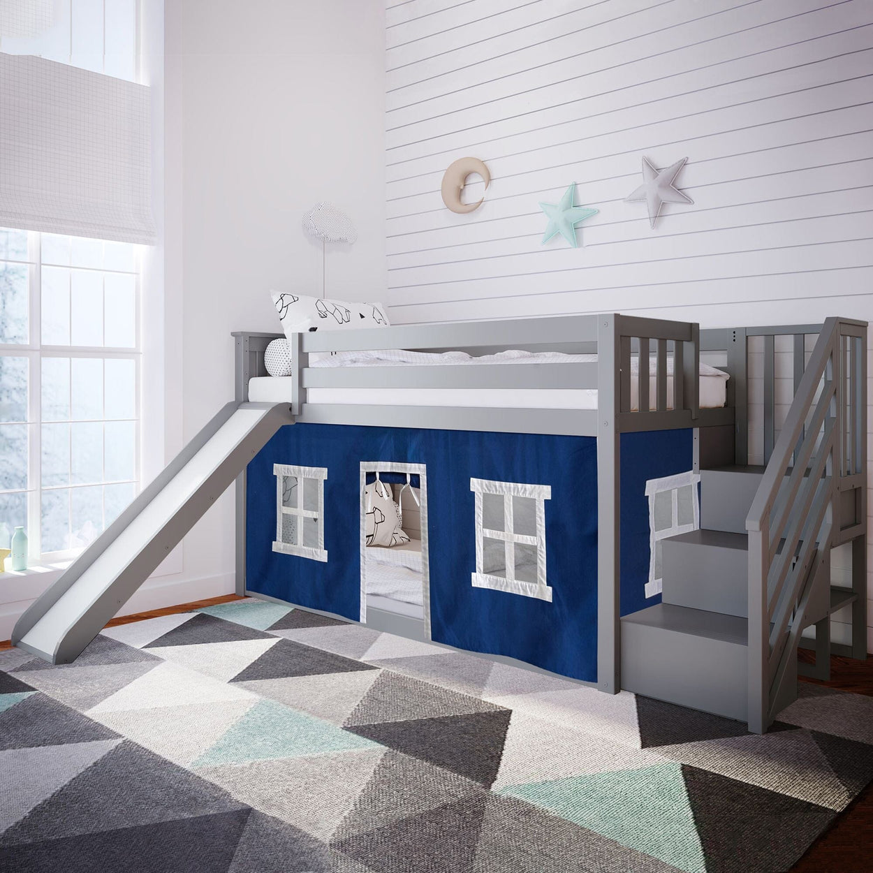 Bunk Beds Max & Lily Low Bunk with Stairs and Slide with Curtains Grey Blue 