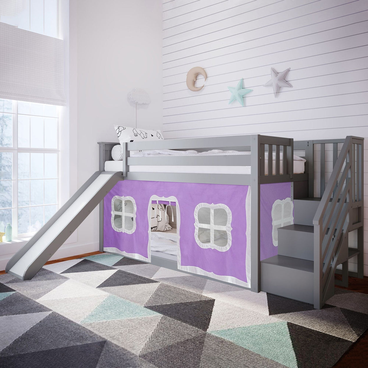 Bunk Beds Max & Lily Low Bunk with Stairs and Slide with Curtains Grey Purple 