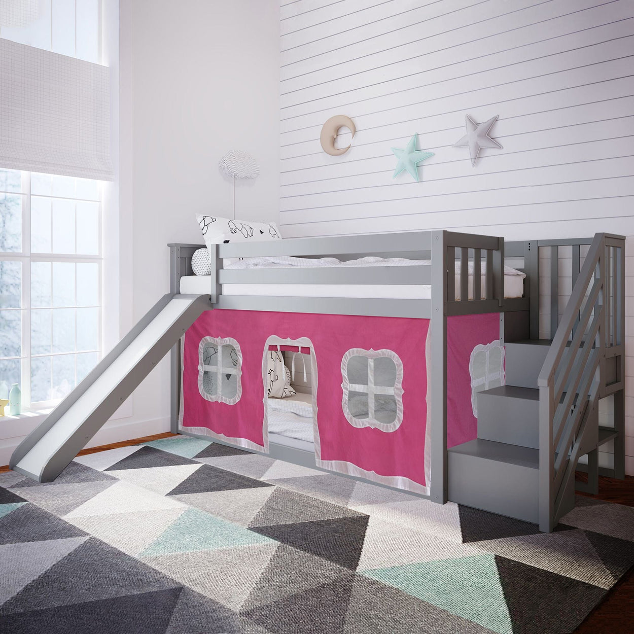 Bunk Beds Max & Lily Low Bunk with Stairs and Slide with Curtains Grey Pink 