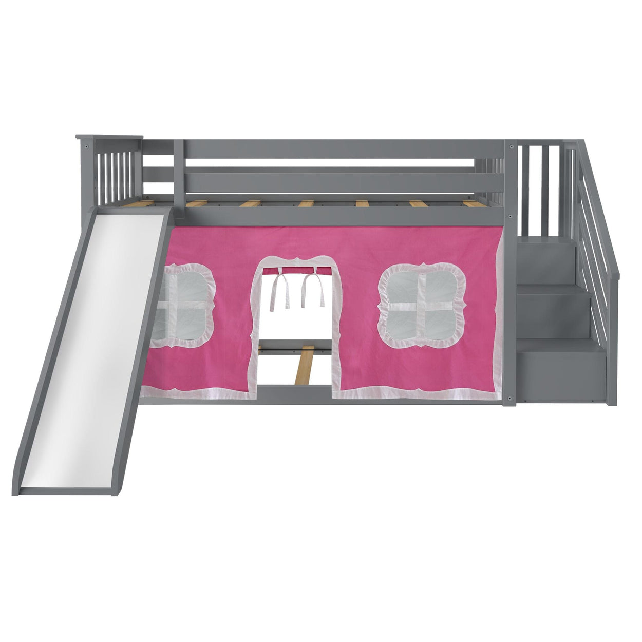 Bunk Beds Max & Lily Low Bunk with Stairs and Slide with Curtains 