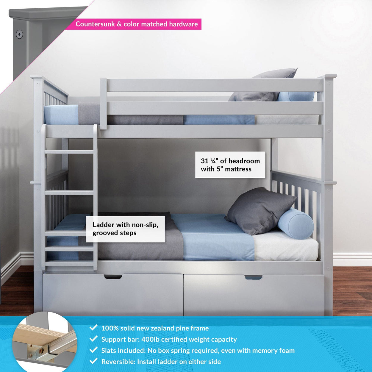 Kid'S Twin Over Twin-Size Bunk Bed With Storage Drawers – Max And Lily