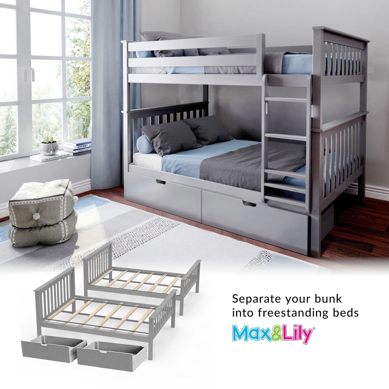 Max And Lily - Kids Solid Wood Full Bunk Bed + Storage Drawers