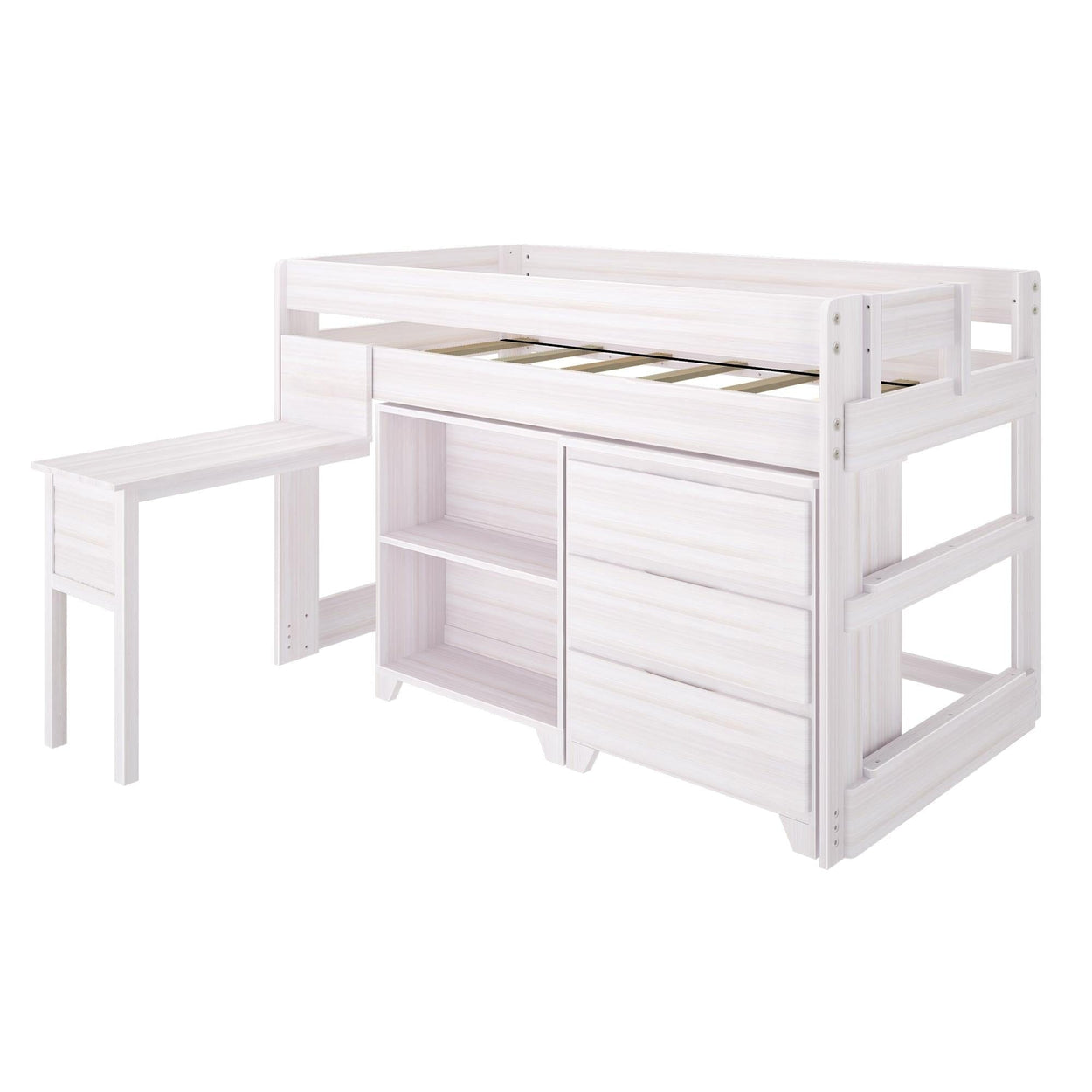 19-3D2BDK-182 : Storage & Study Loft Beds Farmhouse Twin-Size Low Loft with 3-Drawer Dresser, 2-Shelf Bookcase and Hook-on Desk, White Wash