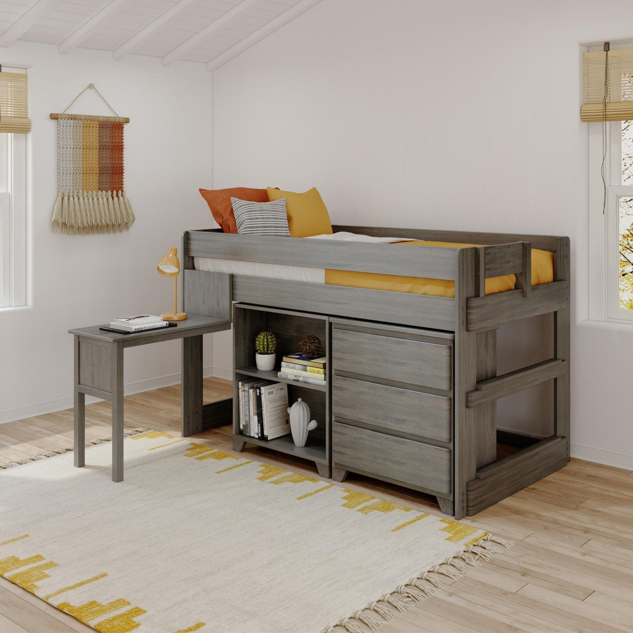 19-3D2BDK-185 : Storage & Study Loft Beds Farmhouse Twin-Size Low Loft with 3-Drawer Dresser, 2-Shelf Bookcase and Hook-on Desk, Driftwood