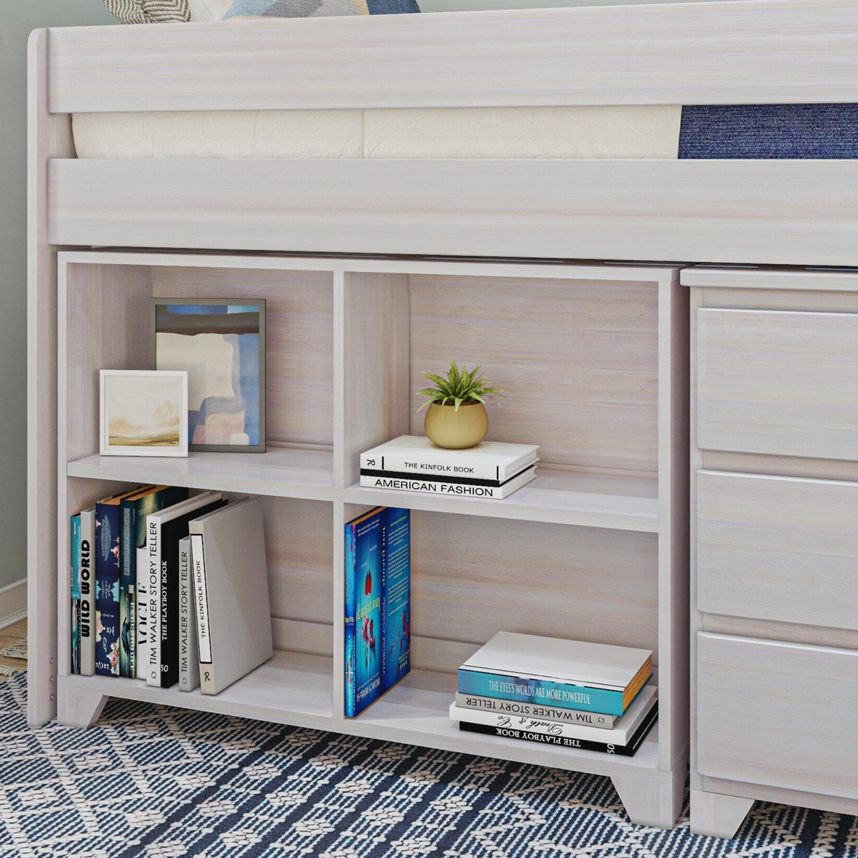 19-3D4B-182 : Storage & Study Loft Beds Farmhouse Twin-Size Low Loft with 3-Drawer Dresser and 4-Shelf Bookcase, White Wash