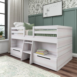 Loft Beds Max & Lily Modern Farmhouse Twin-Size Low Loft with Two Drawers White Wash 