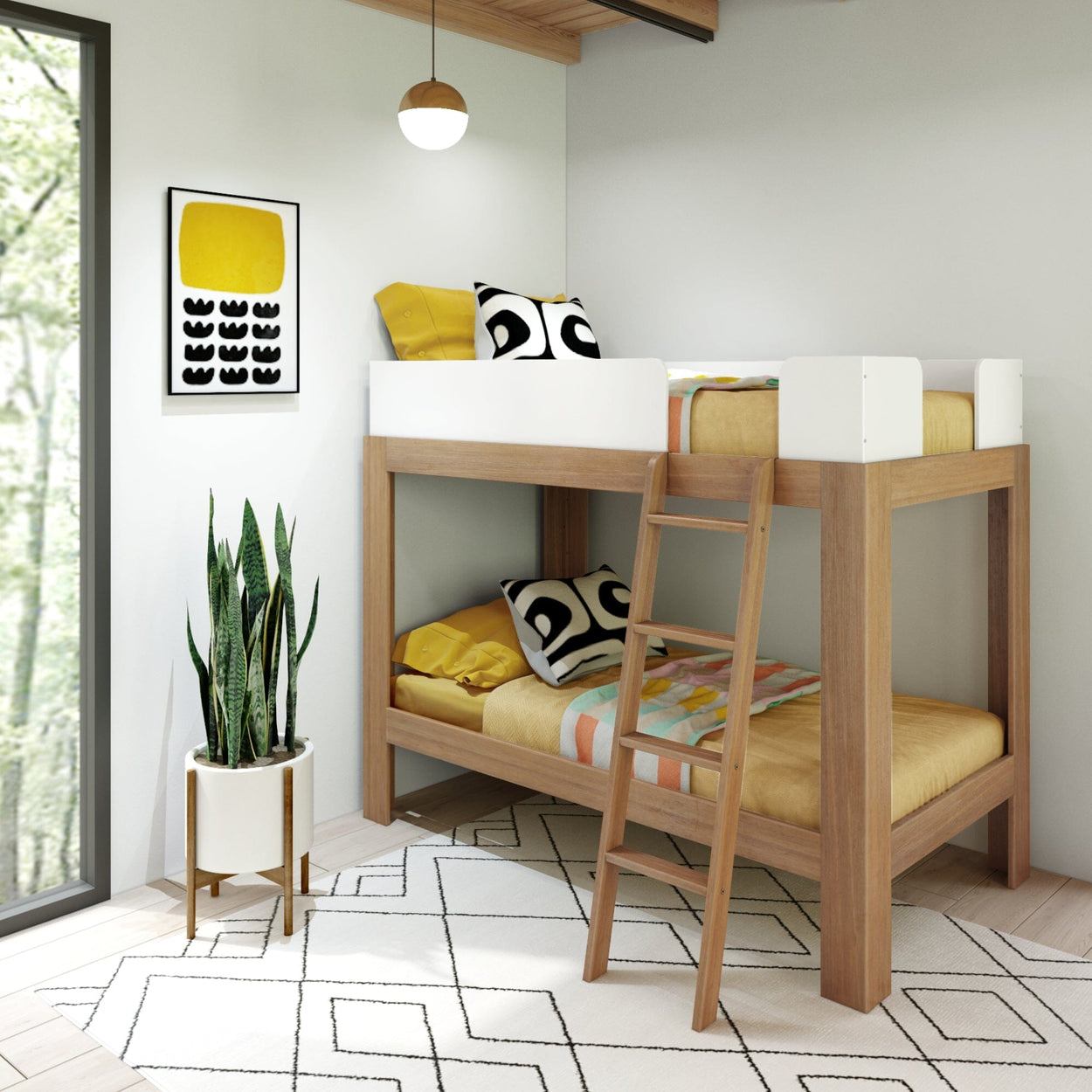 200201-527 : Bunk Beds Mid-Century Modern Twin over Twin Bunk Bed, White/Pecan